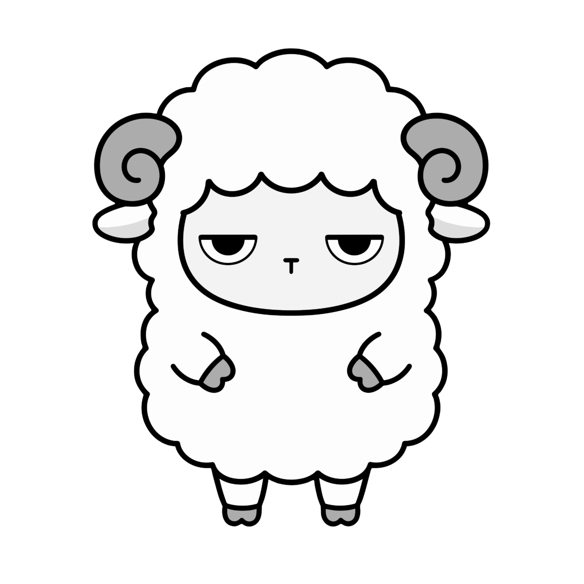正面を向いたかわいいひつじのイラスト(モノクロ)