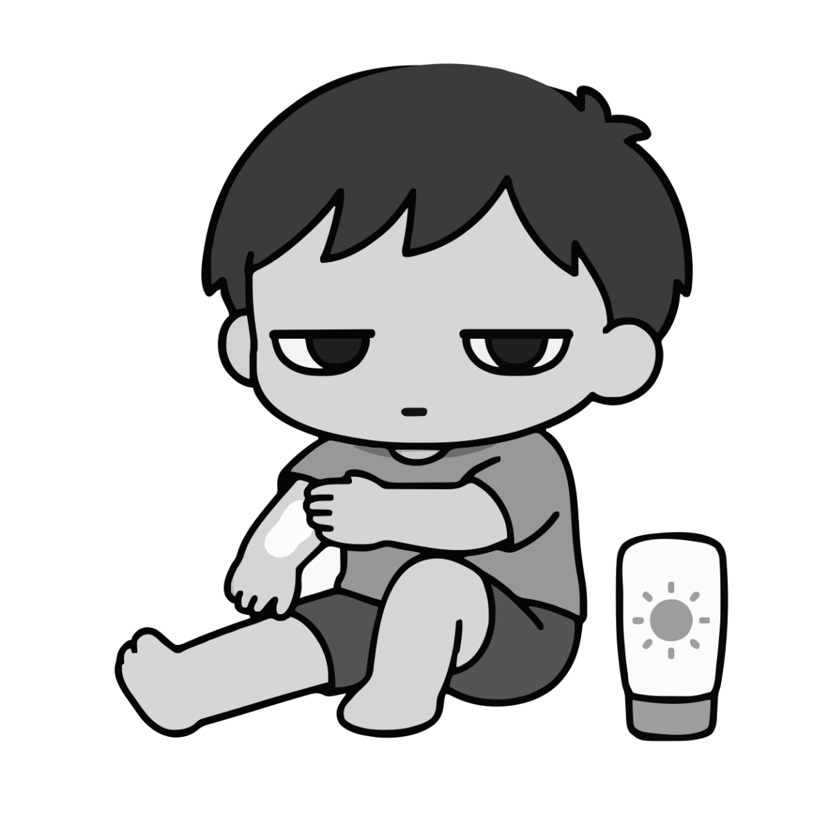 日焼け止めを塗る子どものかわいいシンプルイラスト（モノクロ）