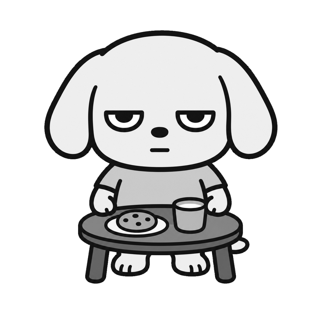 おやつを食べる犬のかわいいイラスト（モノクロ）