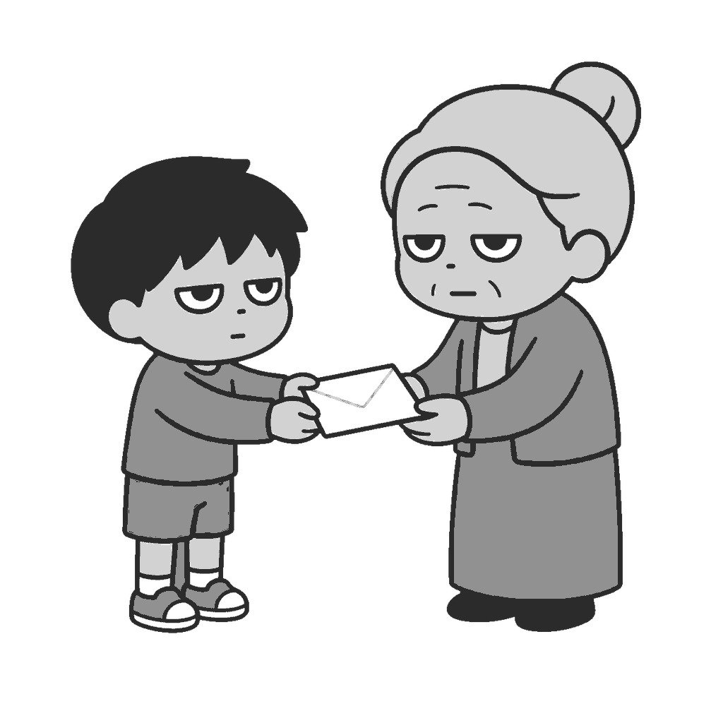 敬老の日に手紙を渡す子どもとおばあちゃんのイラスト(モノクロ)
