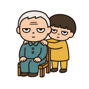 肩たたきをするじとめの子どもとおじいちゃんのイラスト(カラー)