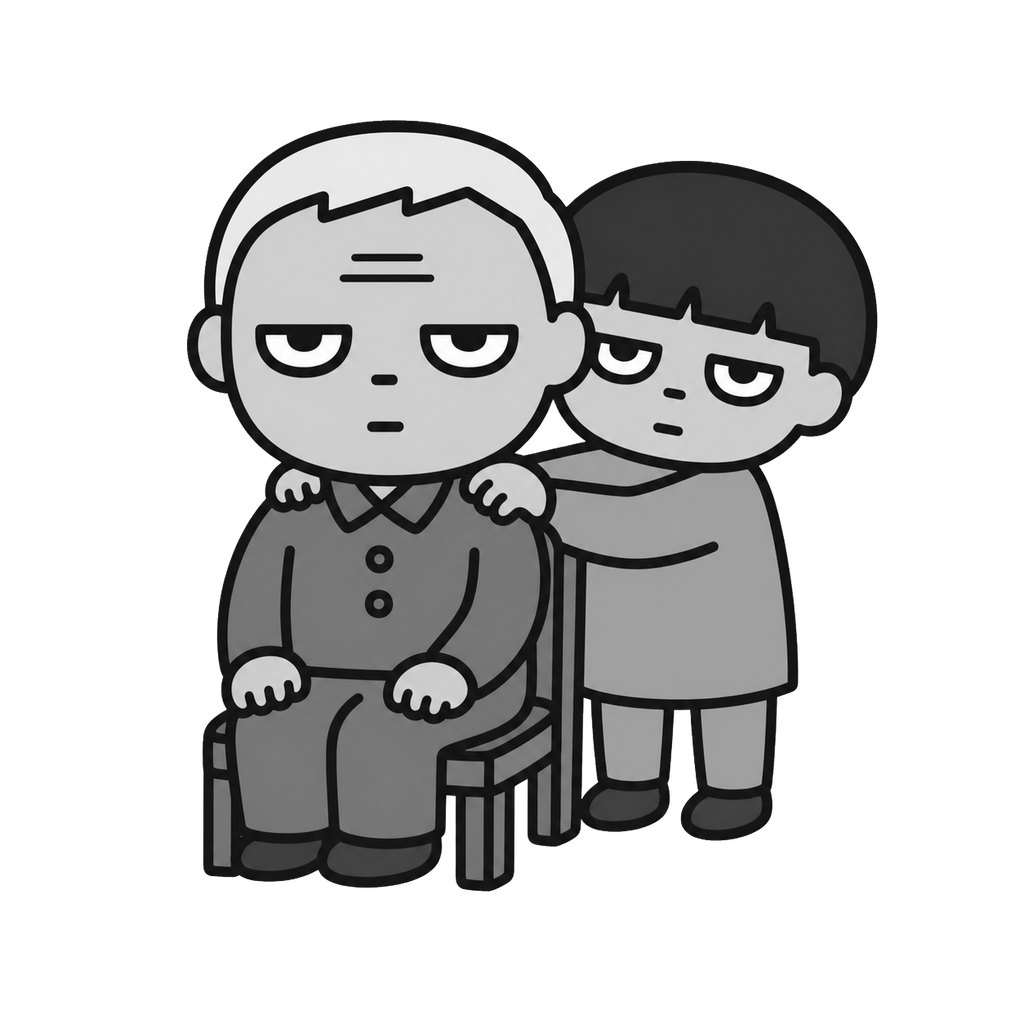 肩たたきをするじとめの子どもとおじいちゃんのイラスト（モノクロ）
