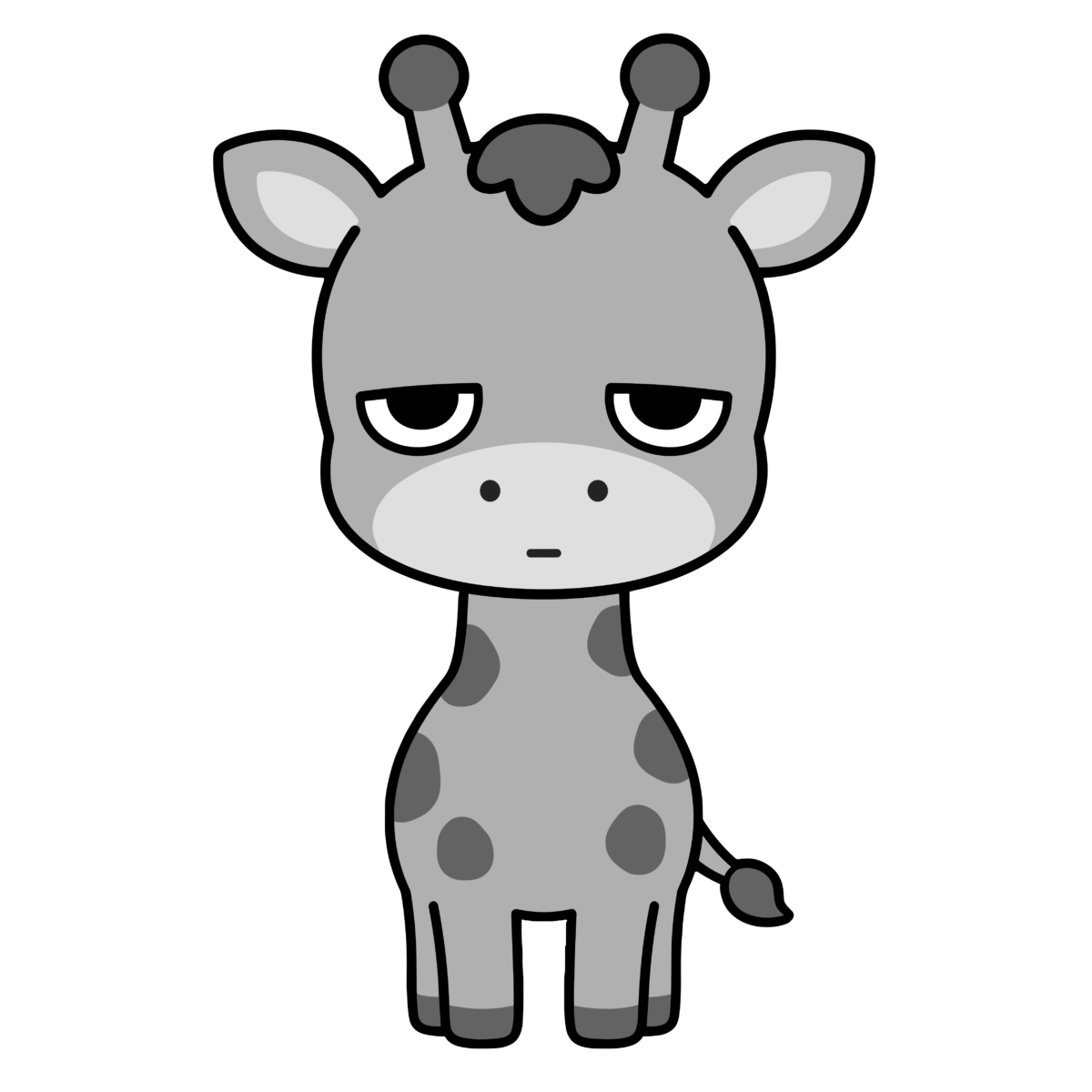正面を向いたかわいいきりんのイラスト(モノクロ)