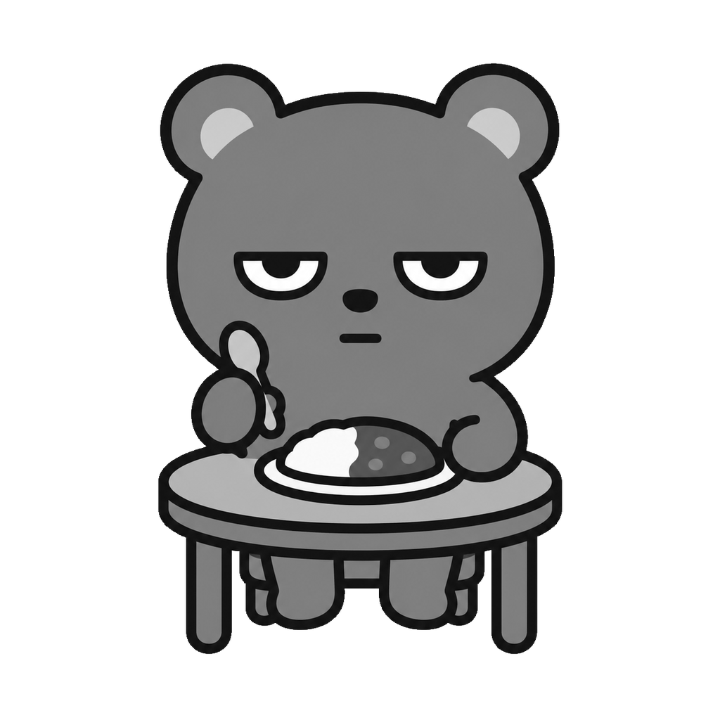 お昼ごはんを食べるクマのかわいいイラスト(モノクロ)