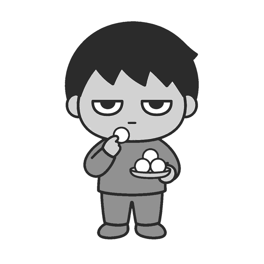 月見団子を食べる子どものイラスト（モノクロ）