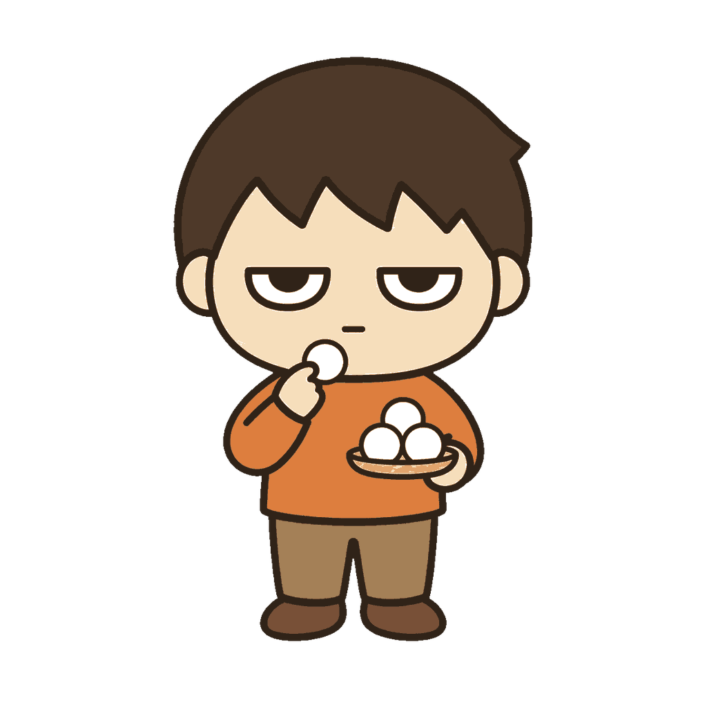 皿にのせた月見団子を一つ手に取って食べるじとめの子どものイラスト（カラー）