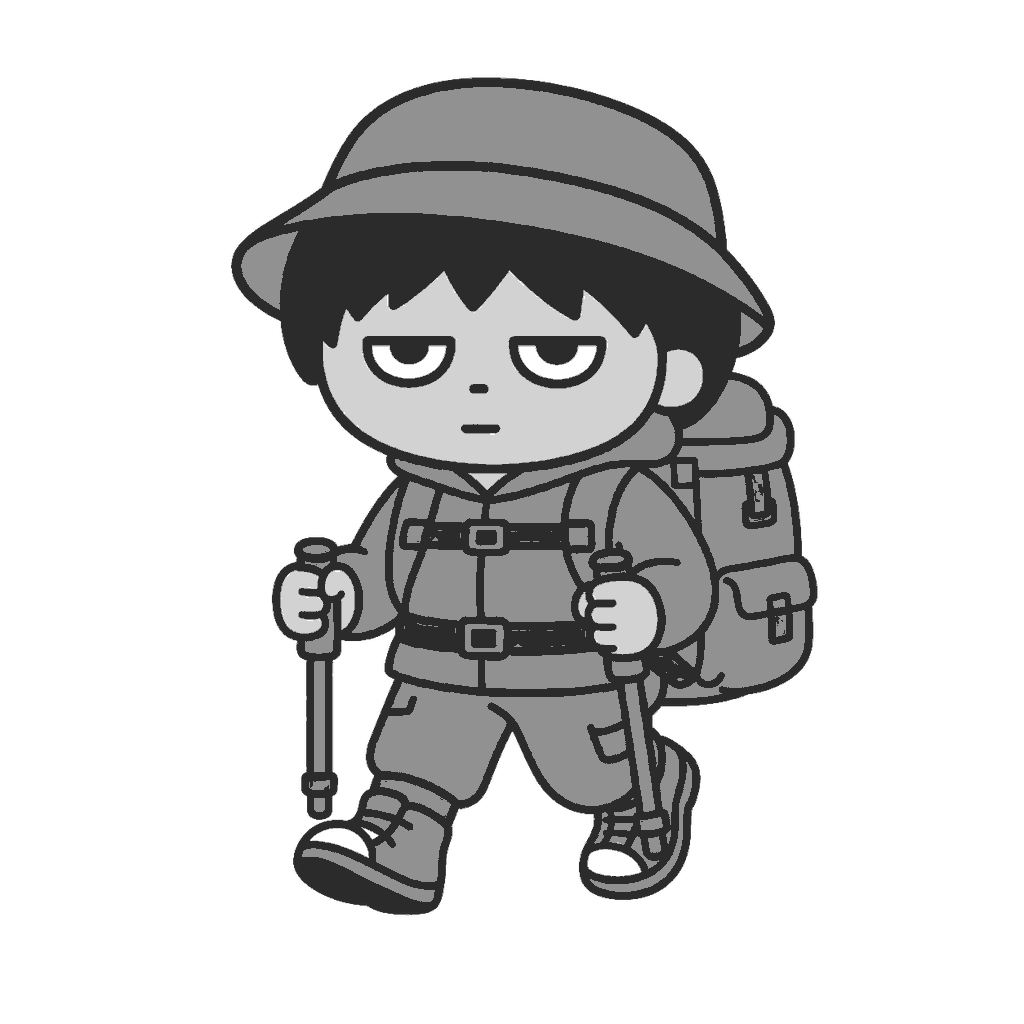 山登りをする子どものイラスト（モノクロ）