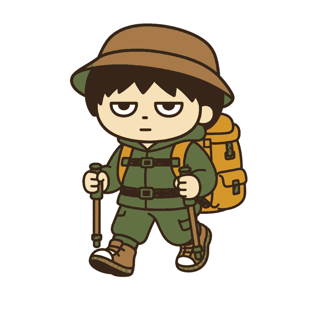 リュックとトレッキングポールで山登りをするじとめの子どものイラスト（カラー）