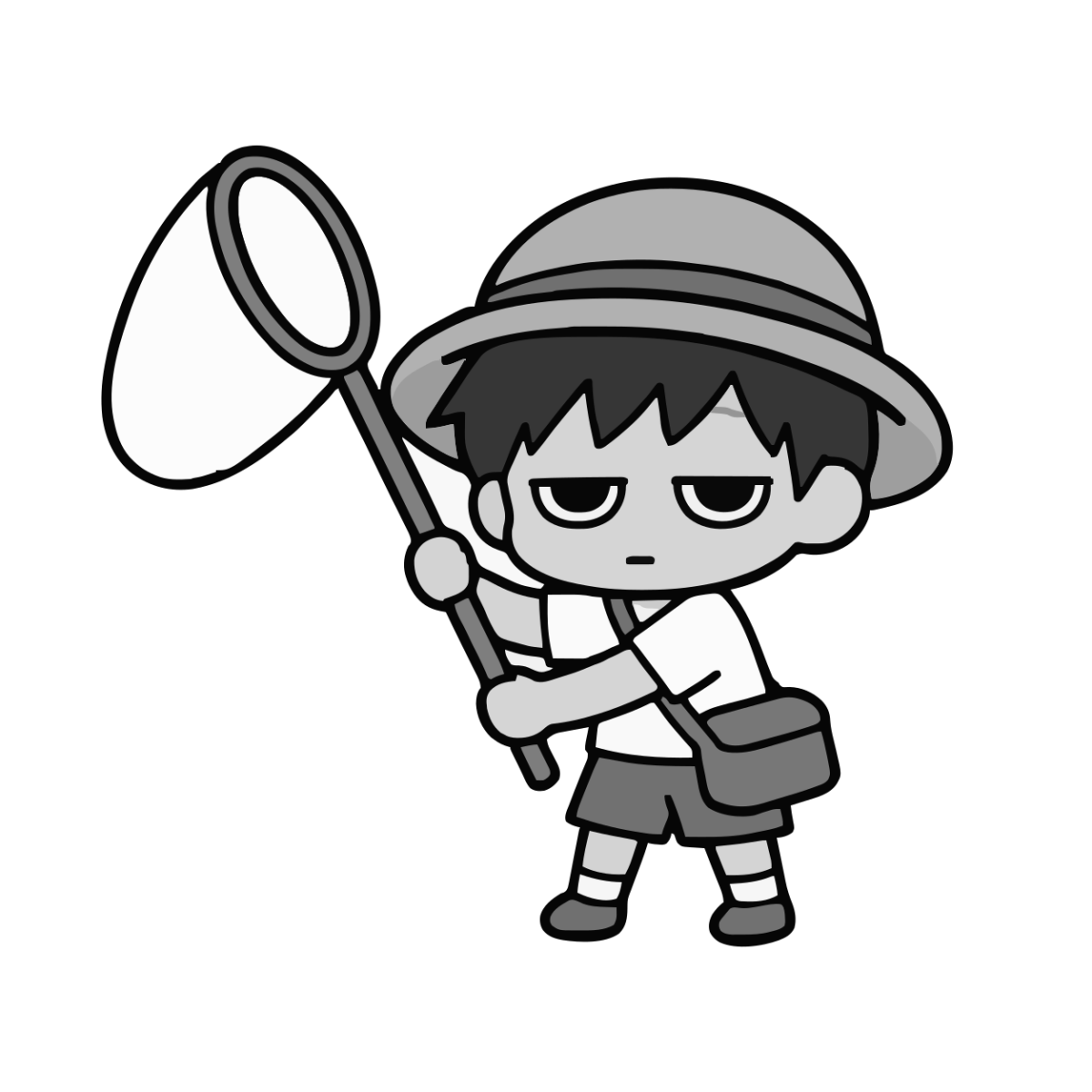 虫取りをする子どものかわいいイラスト（モノクロ）