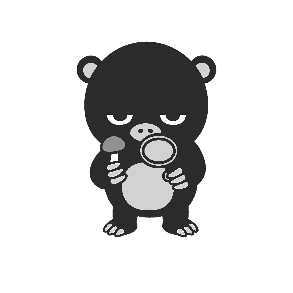 きのこを虫眼鏡で観察するモグラのイラスト(モノクロ)