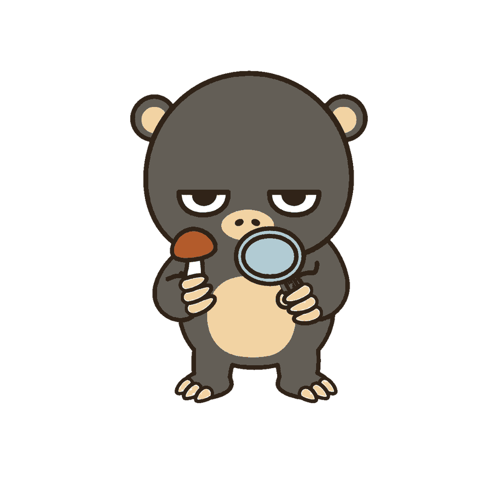 きのこを手に持ち虫眼鏡で観察するじとめのモグラのイラスト（カラー）
