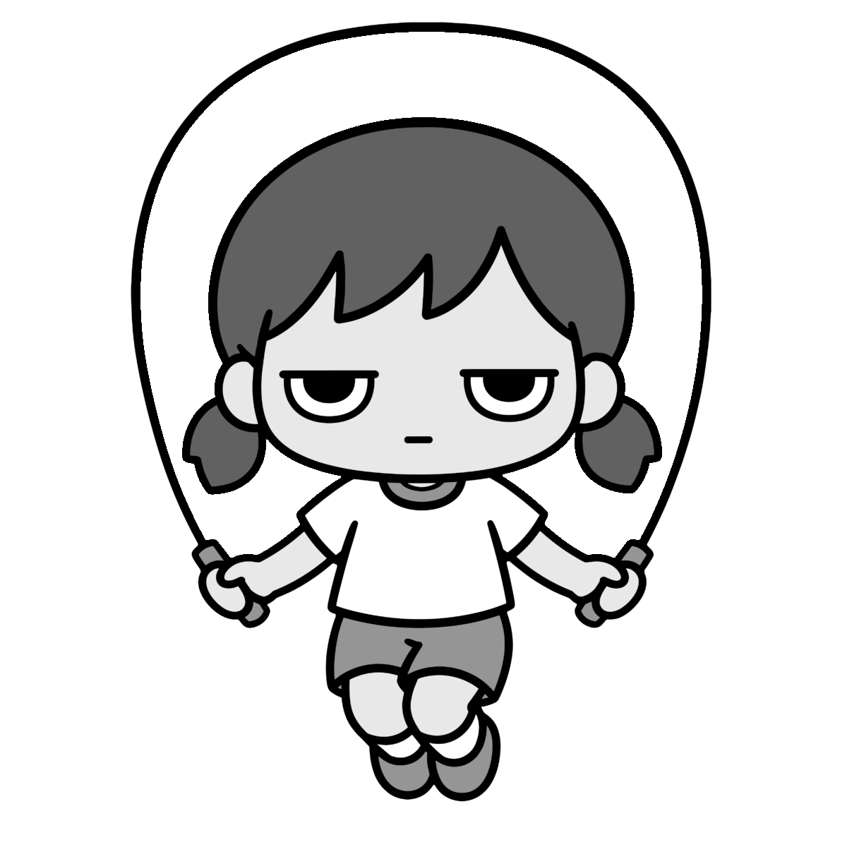 縄跳びをする子どものかわいいイラスト（モノクロ）