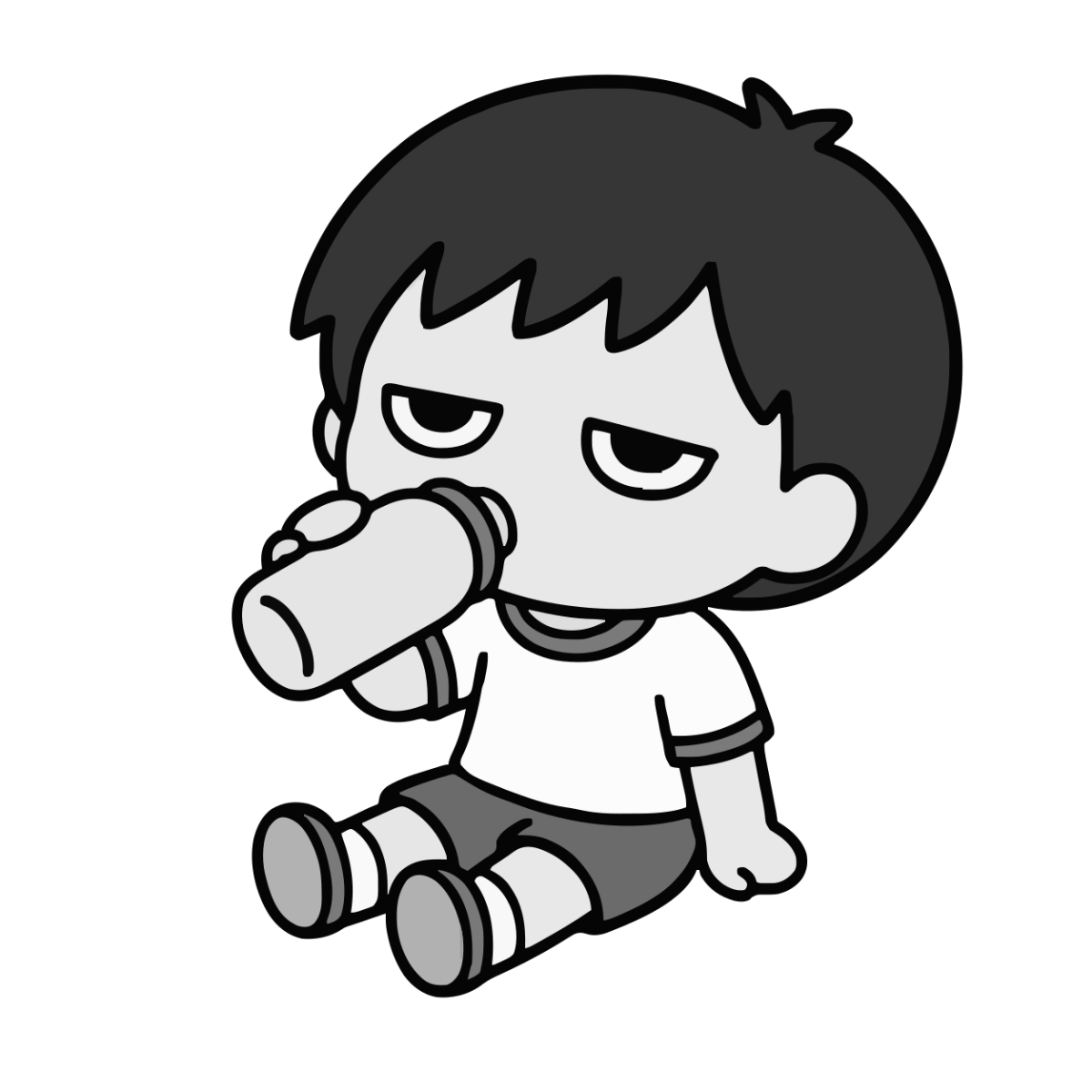 熱中症予防・水分補給する子どものかわいいシンプルイラスト(モノクロ)