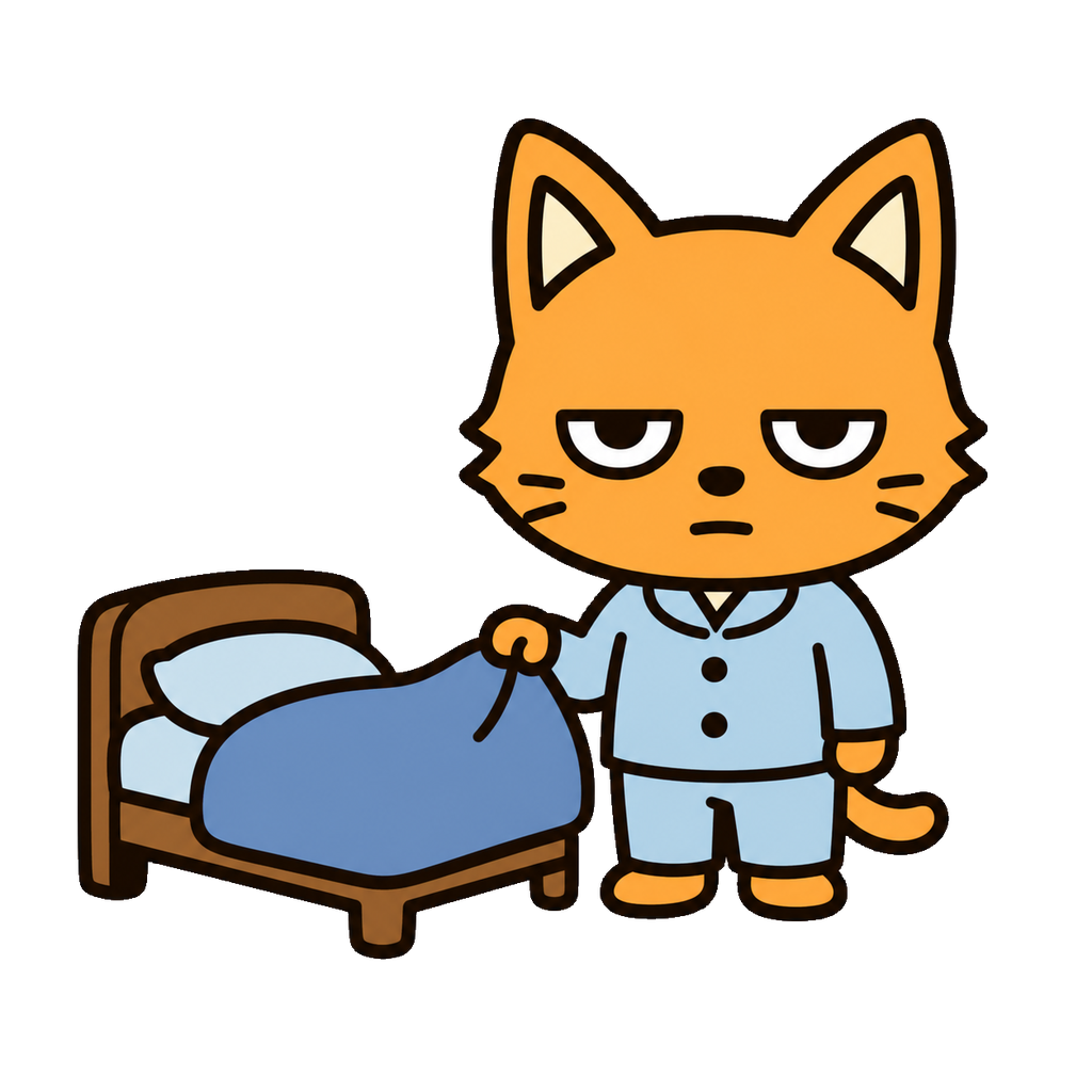 夜に寝る準備をするネコのかわいいイラスト（カラー）