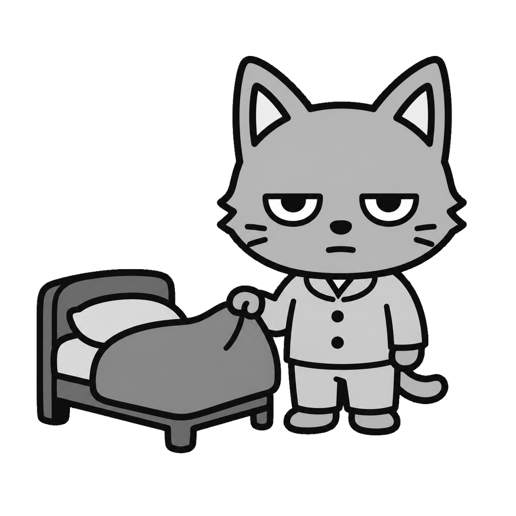 夜に寝る準備をするネコのかわいいイラスト(モノクロ)
