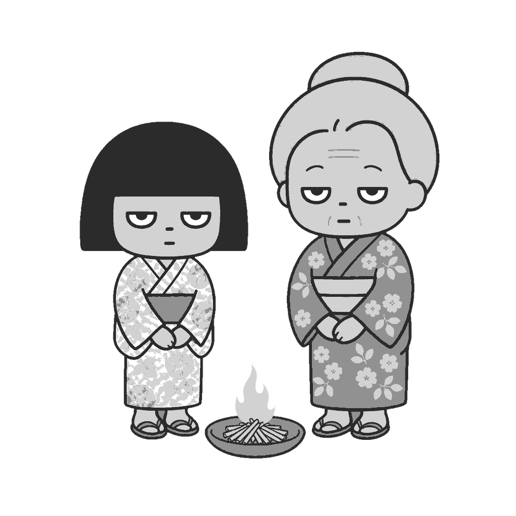 お盆の迎え火を見守る子どもとおばあちゃんのイラスト(モノクロ)
