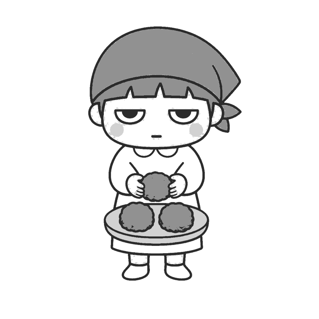 おはぎを作る子どものイラスト（モノクロ）