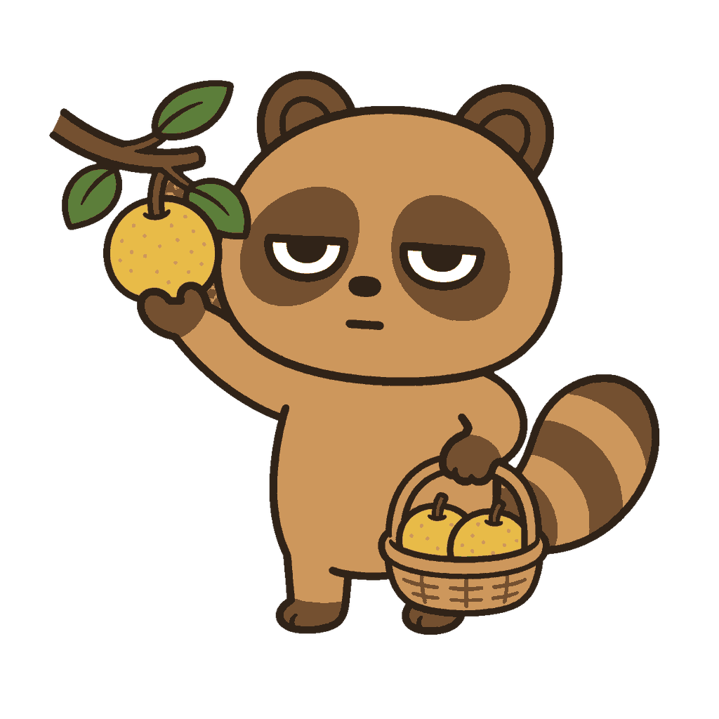 秋の梨狩りで梨を収穫してかごに入れるじとめのタヌキのイラスト（カラー）