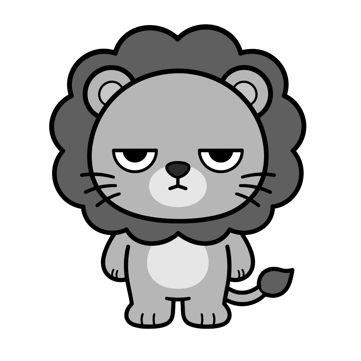 正面を向いたかわいいライオンのイラスト（モノクロ）
