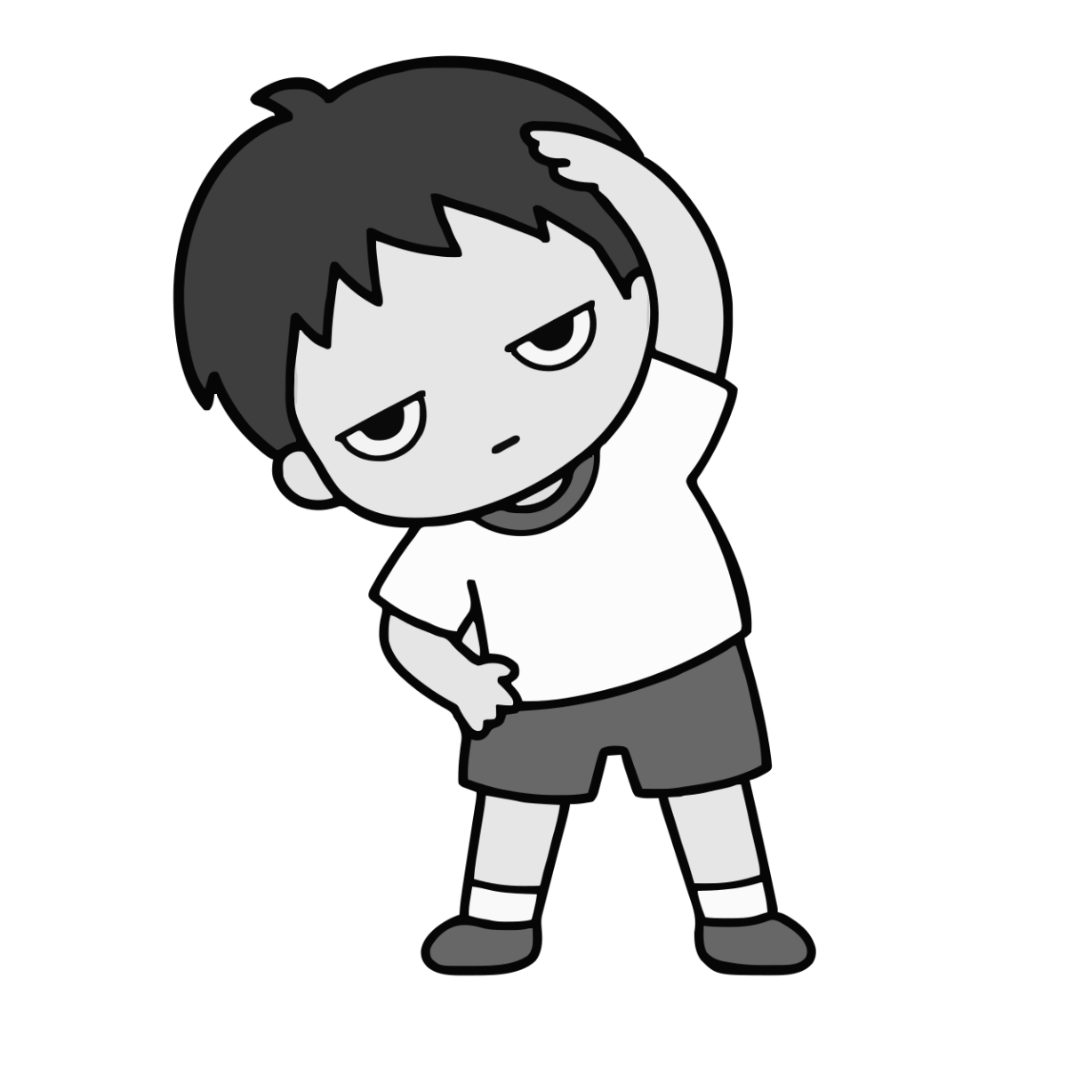 ラジオ体操をする子どものかわいいイラスト(モノクロ)