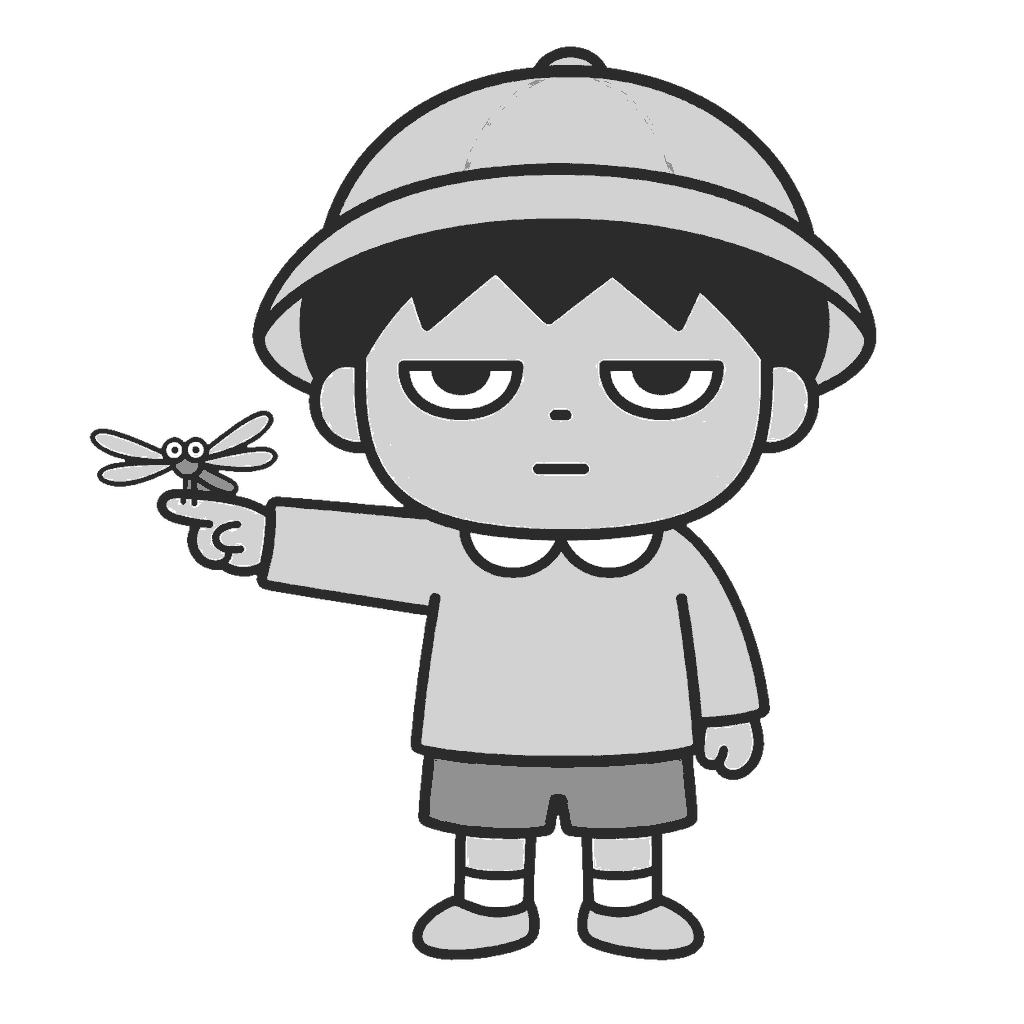指に赤とんぼをとまらせる子どものイラスト(モノクロ)
