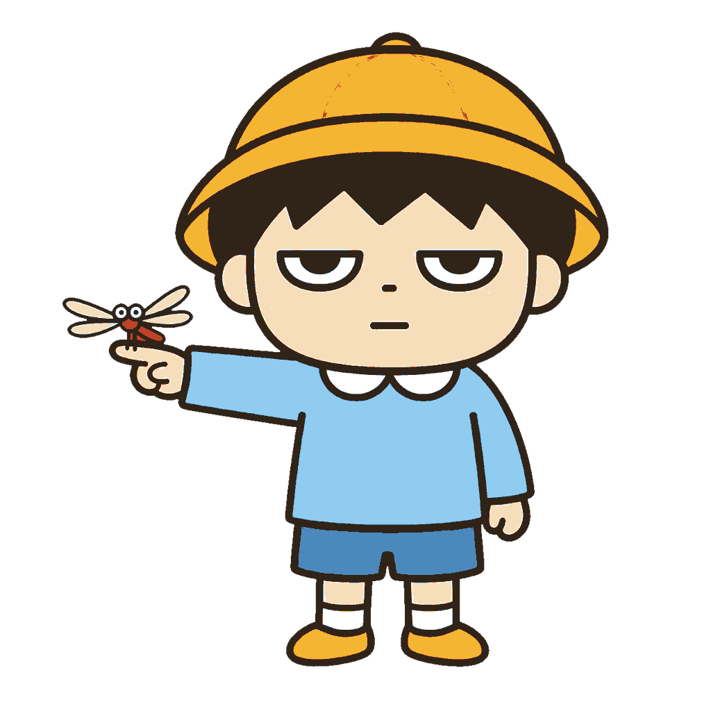 人差し指に赤とんぼをとまらせて観察するじとめの子どものイラスト（カラー）