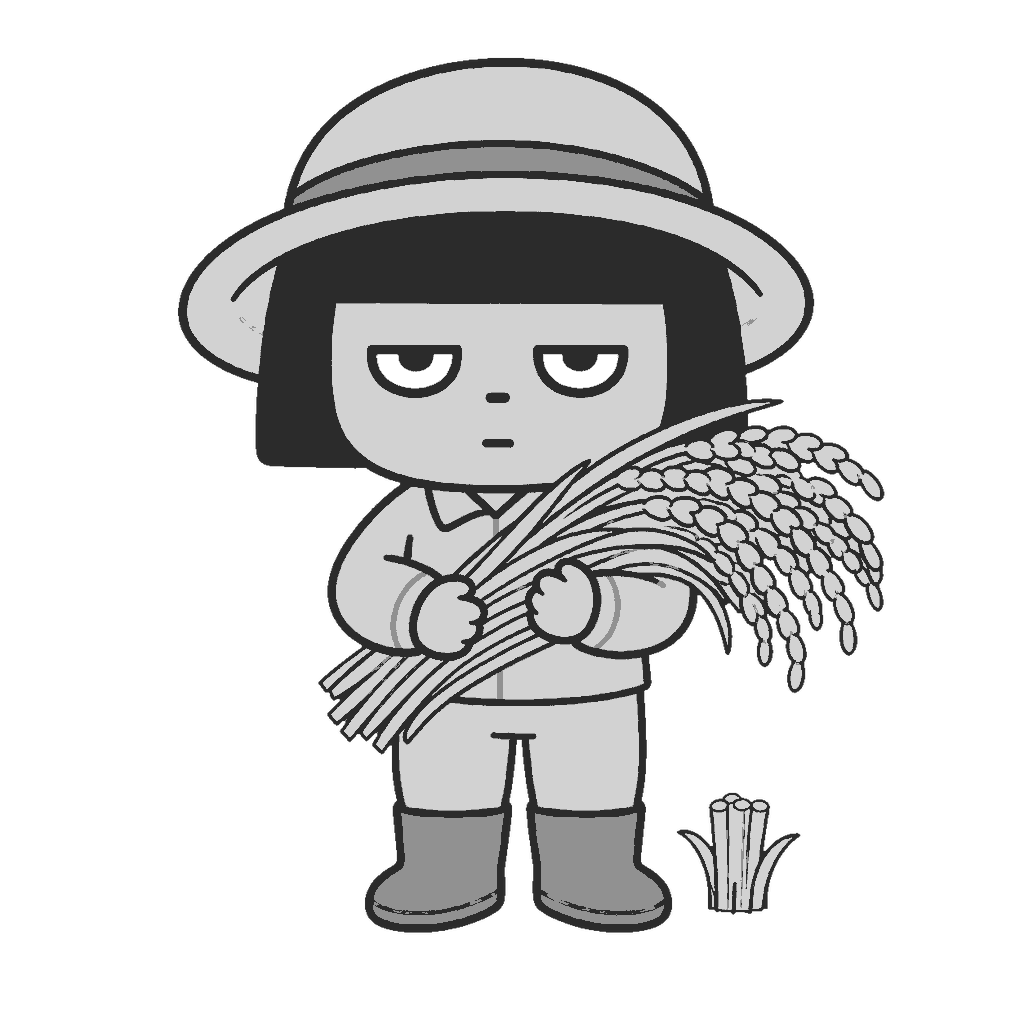 稲刈りを体験する子どものイラスト（モノクロ）