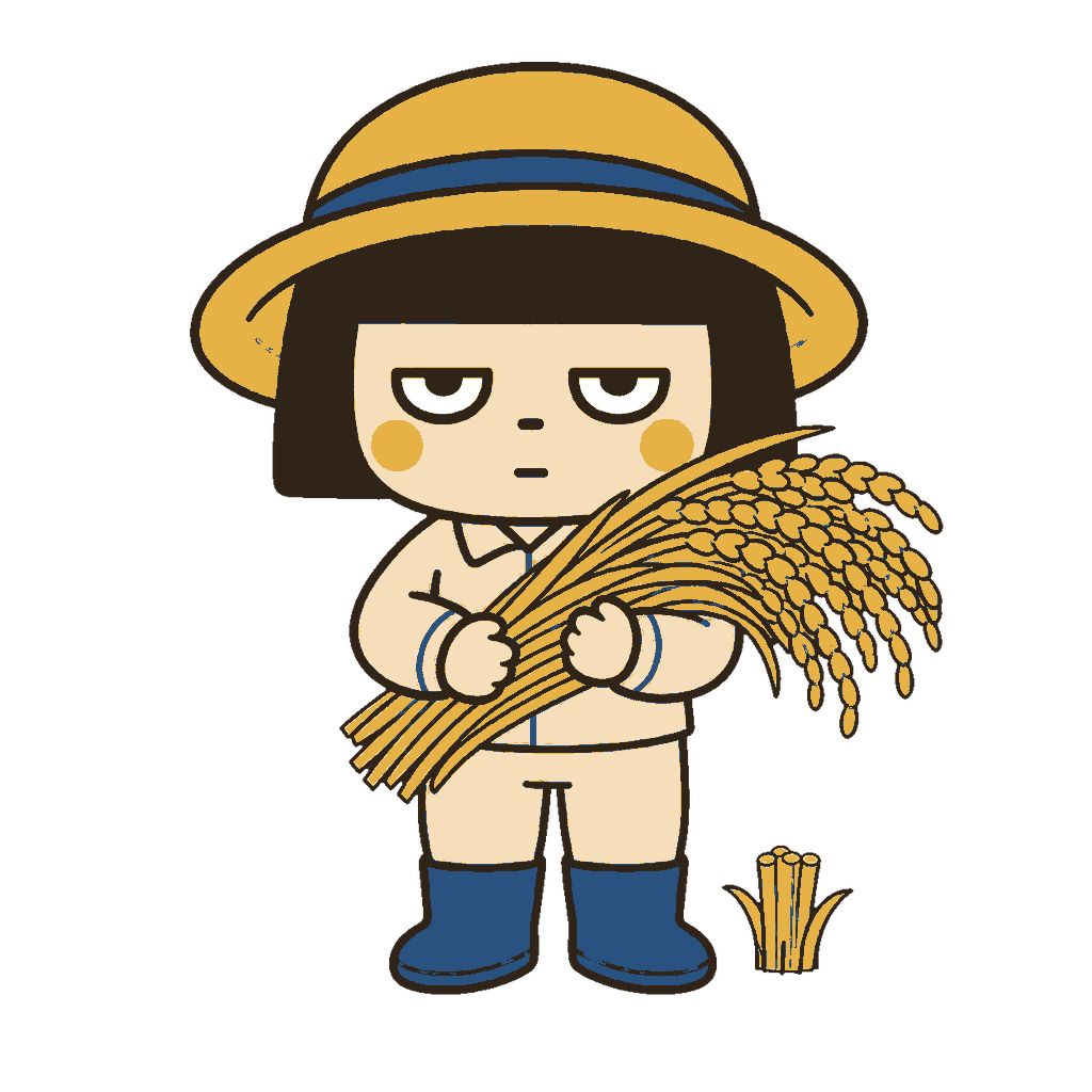 稲刈り体験で刈り取った稲穂の束を抱えるじとめの子どものイラスト（カラー）