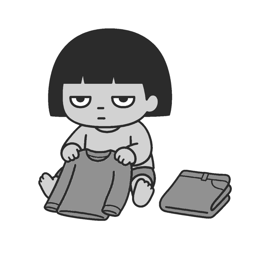 衣替えで長袖をたたむ子どものイラスト(モノクロ)
