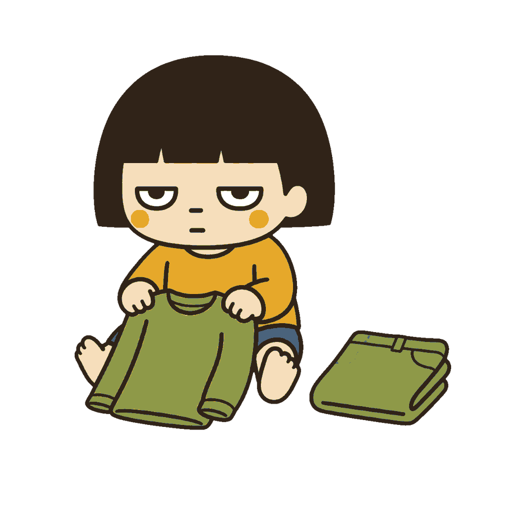 秋の衣替えで長袖のシャツをたたむじとめの子どものイラスト（カラー）