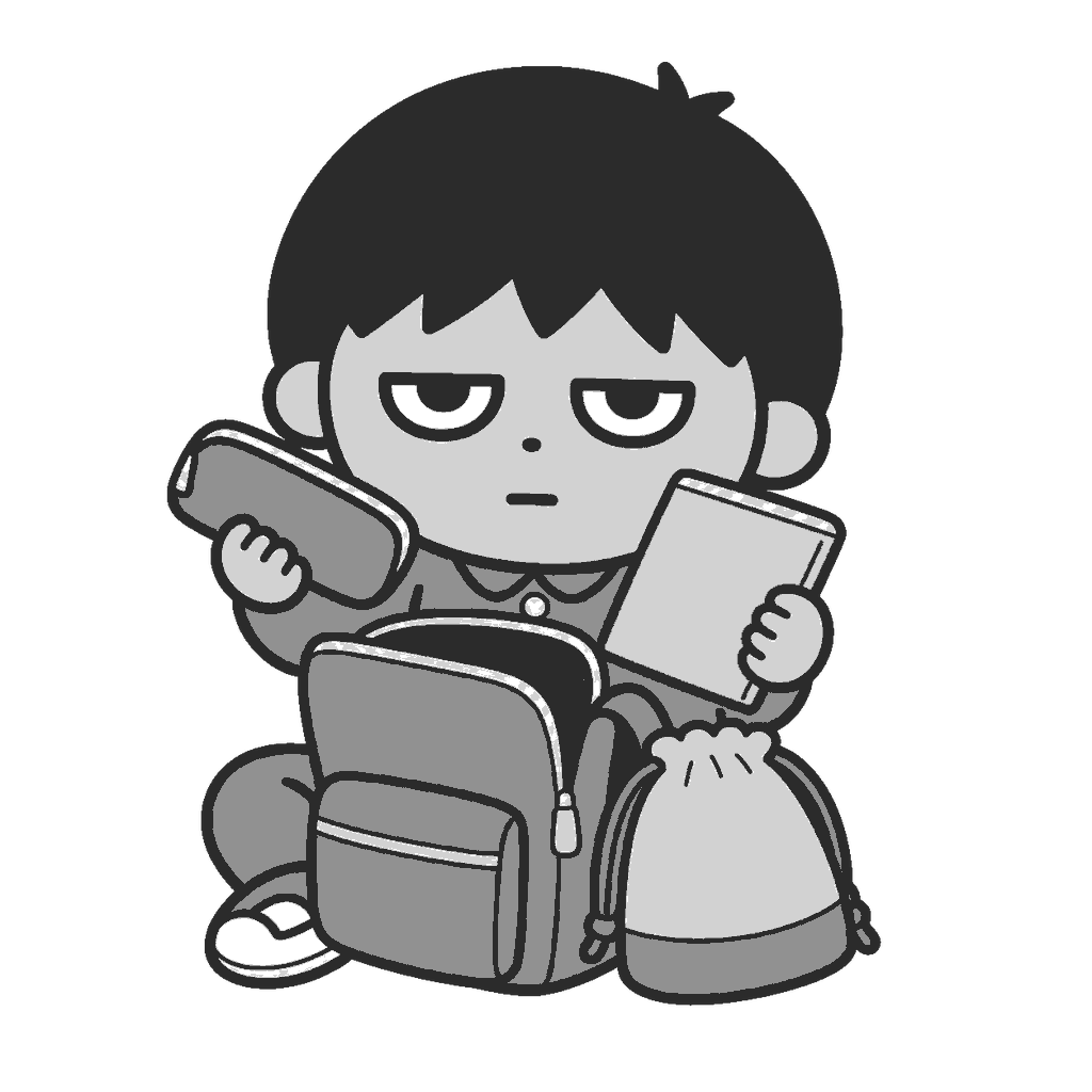 2学期の持ち物を確認する子どものイラスト（モノクロ）