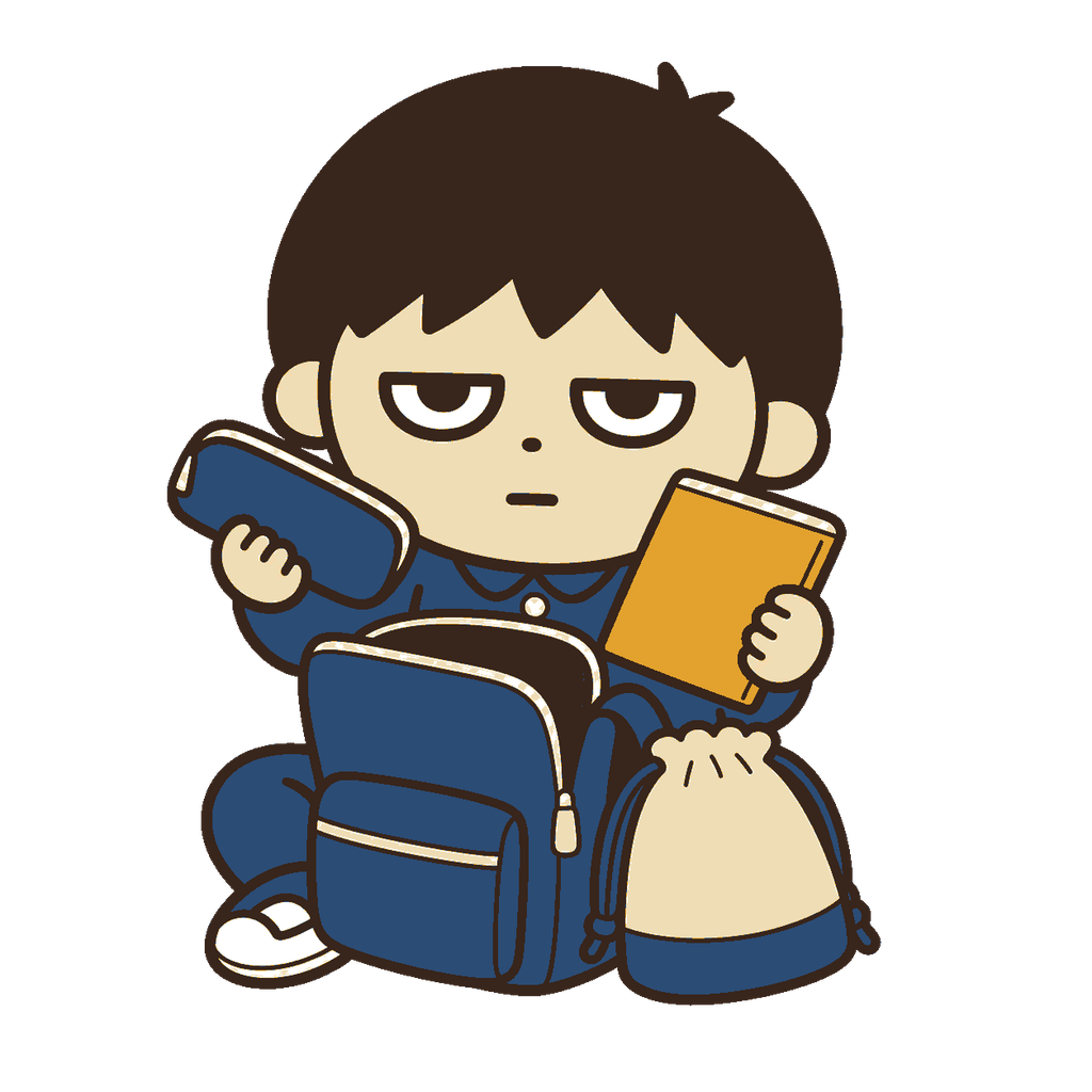 2学期の持ち物を確認してかばんに入れるじとめの子どものイラスト（カラー）