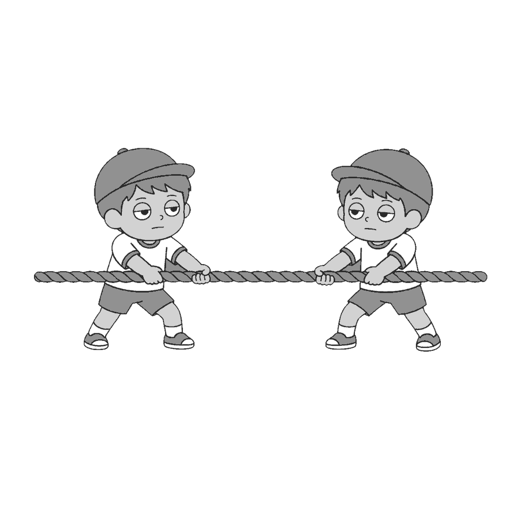 運動会で綱引きをする子どものイラスト(モノクロ)