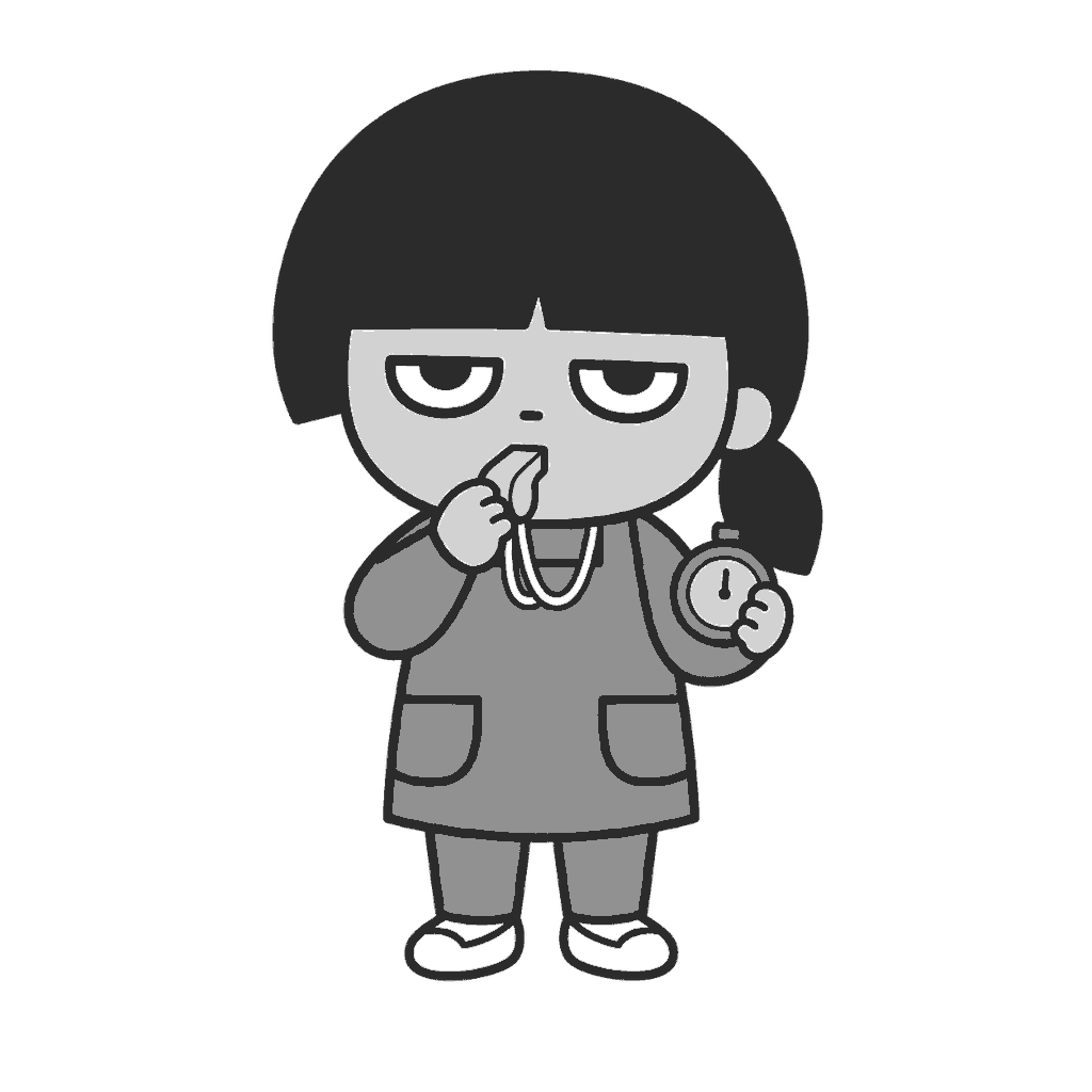 運動会で笛を吹く保育士のイラスト(モノクロ)
