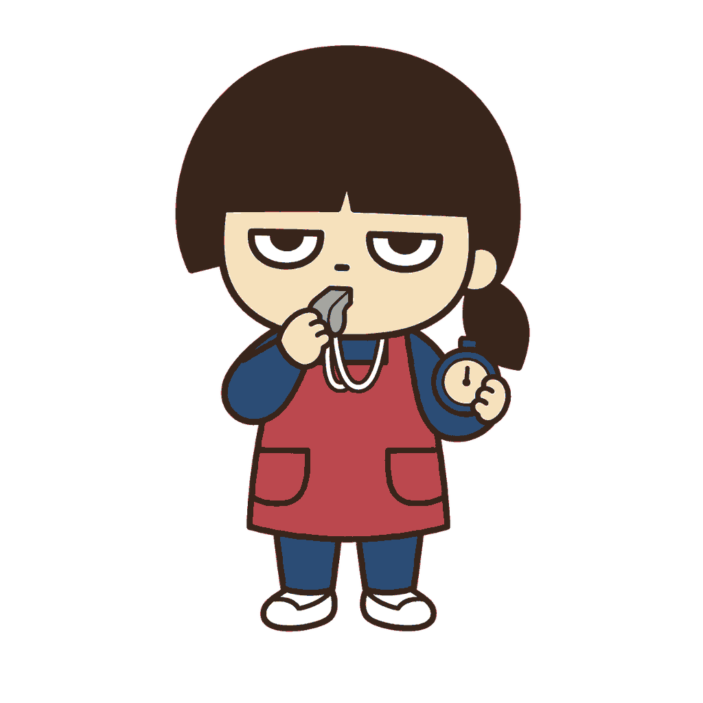 笛とストップウォッチを持つじとめの保育士のイラスト（カラー）