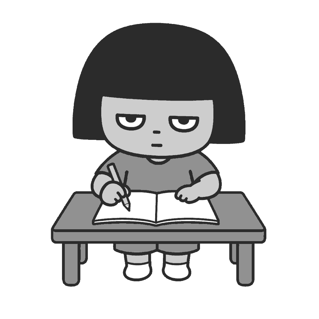 夏休みの宿題をするじとめの子どものイラスト(モノクロ)