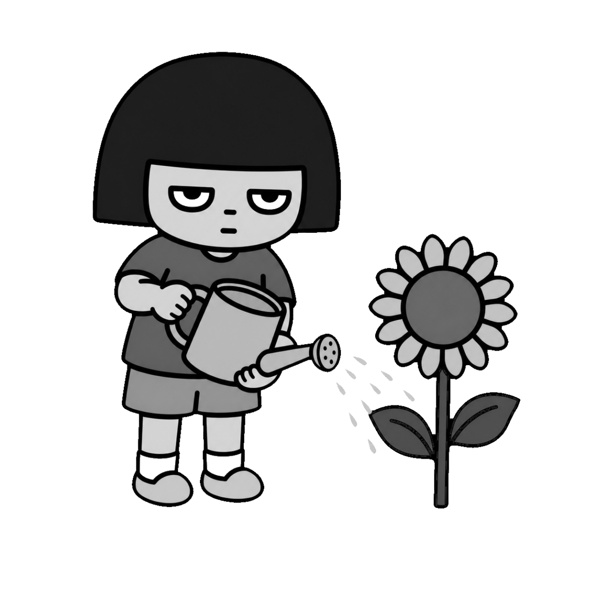 ひまわりに水をやる女の子のイラスト(モノクロ)