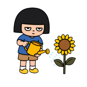 ひまわりに水をやる女の子
