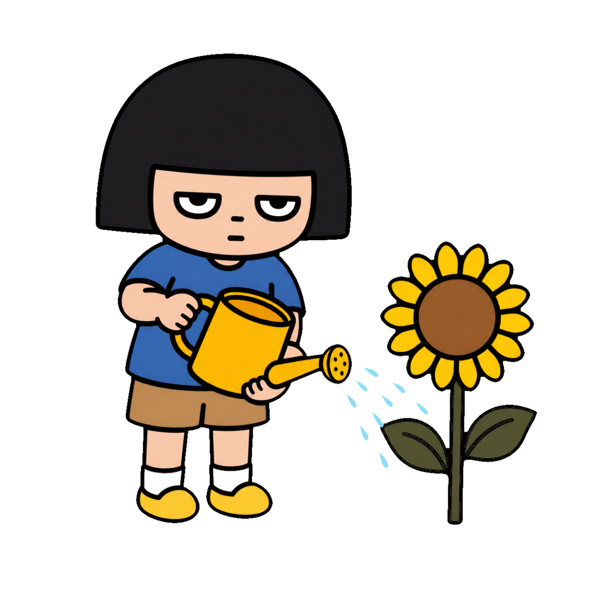 ひまわりに水をやる女の子のイラスト(カラー)