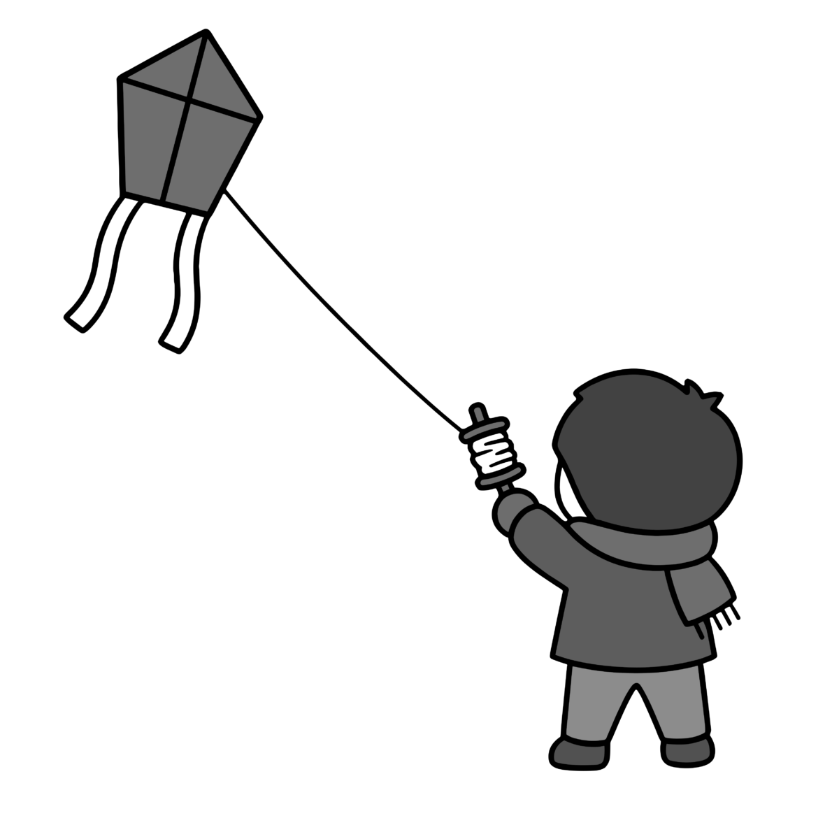 凧揚げをする子どものかわいいイラスト（モノクロ）
