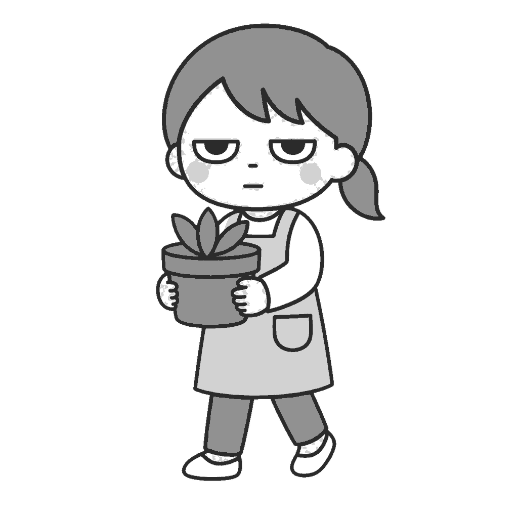 台風に備えて植木鉢を運ぶ保育士のイラスト（モノクロ）