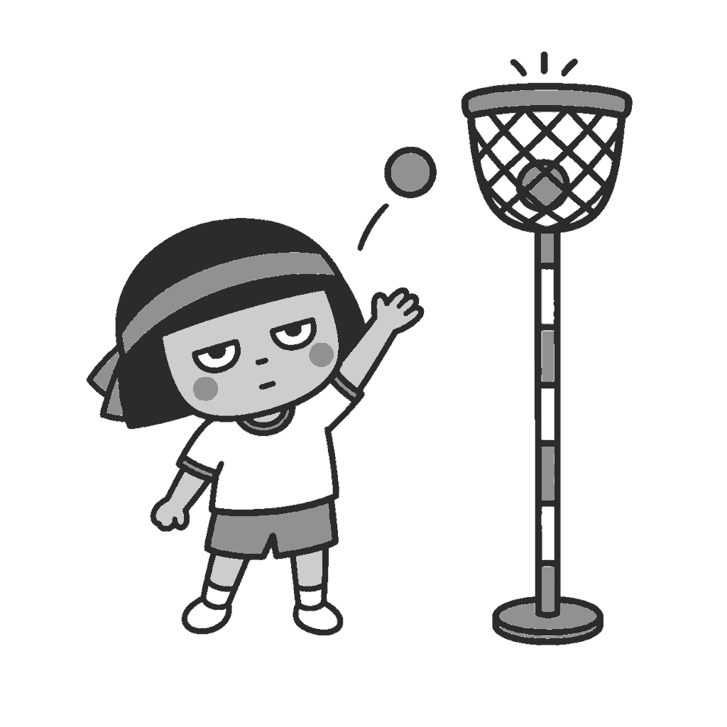 運動会で玉入れをするじとめの園児のイラスト（モノクロ）