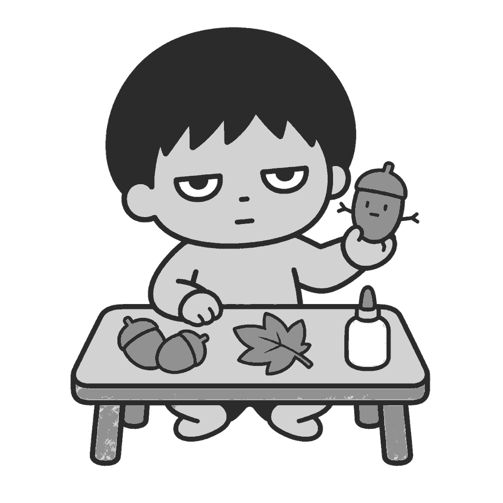 どんぐり工作をする子どものイラスト(モノクロ)