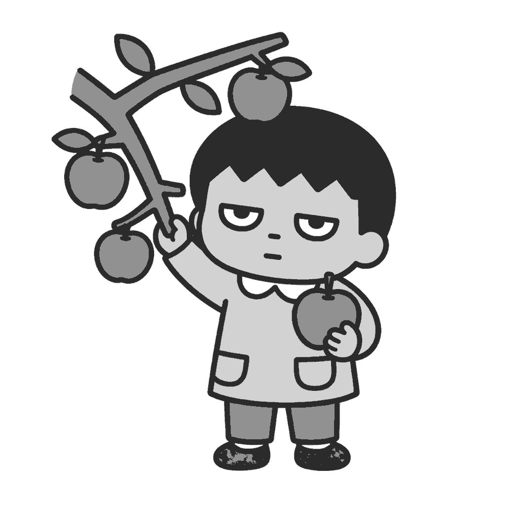 りんご狩りをする子どものイラスト（モノクロ）