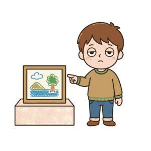 展示台の上の絵を指差して見せるじとめの子どもの全身イラスト（カラー）