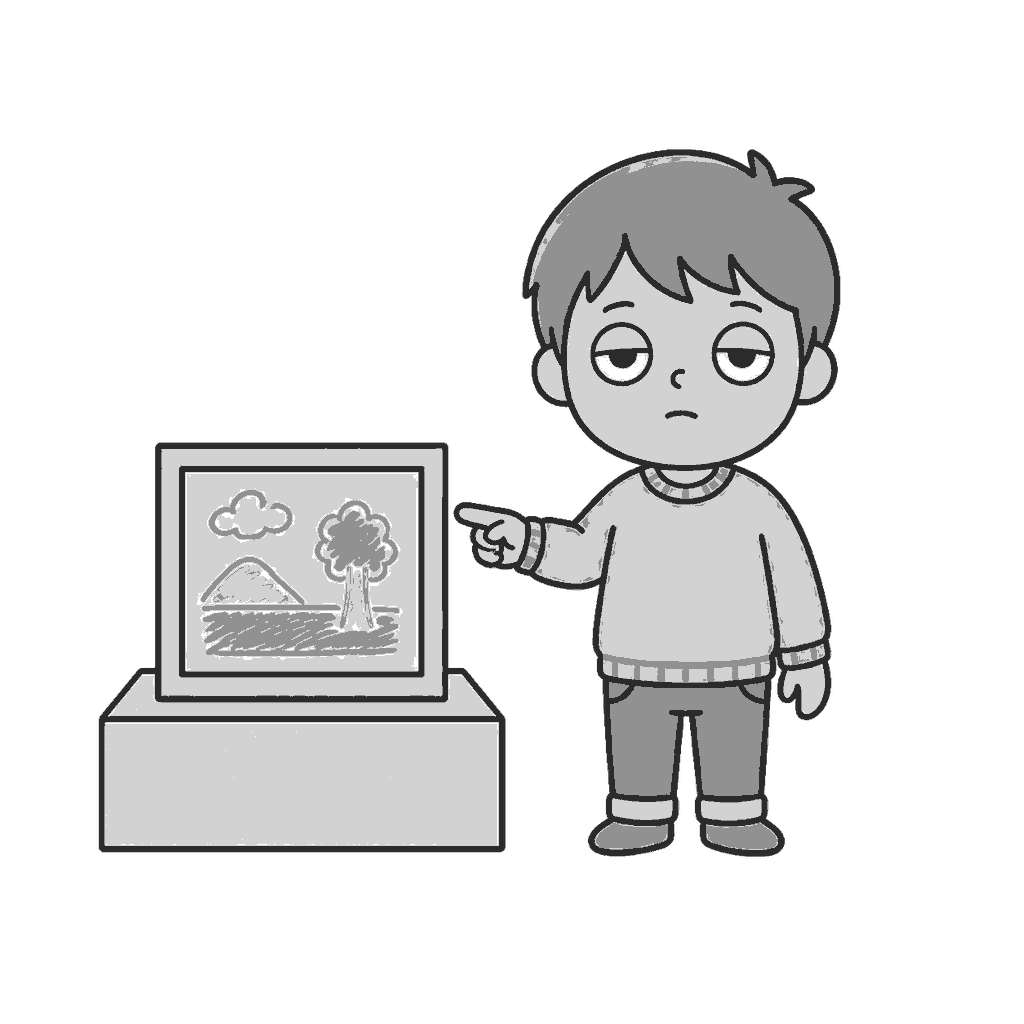 造形作品展で絵を見せる子どものイラスト(モノクロ)
