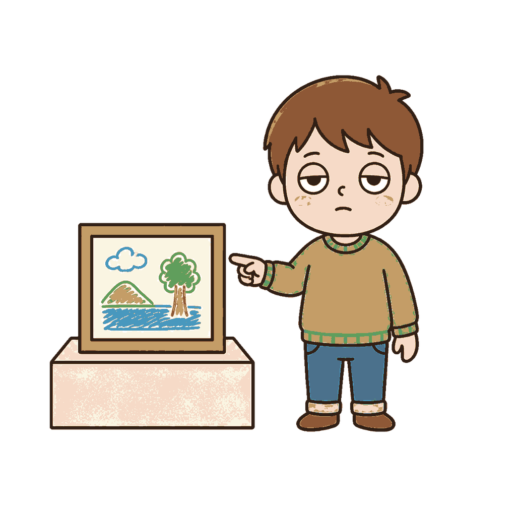 展示台の上の絵を指差して見せるじとめの子どもの全身イラスト（カラー）