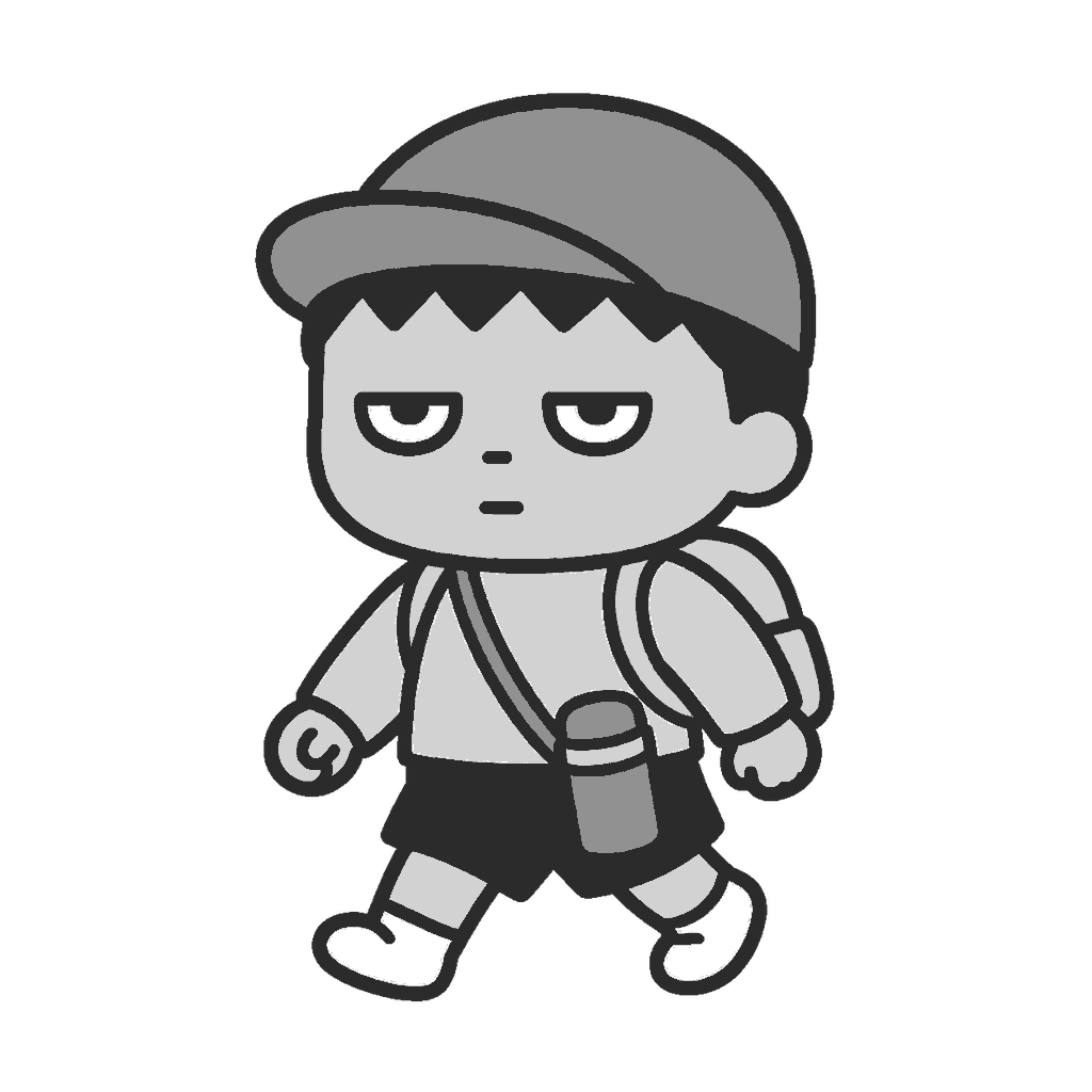 秋の遠足でリュックを背負う子どものイラスト(モノクロ)