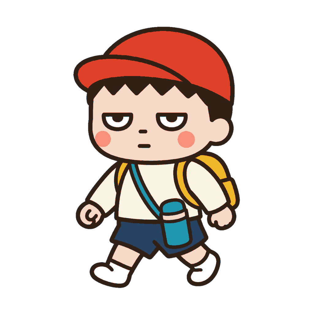 黄色いリュックと青緑の水筒を身に着けて歩くじとめの子どもの全身イラスト（カラー）