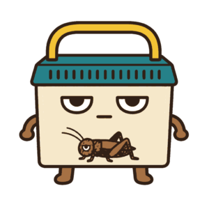 持ち手付きの虫かごに茶色いコオロギが入ったじとめキャラクターのイラスト（カラー）